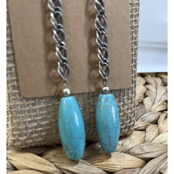 Victorian Turquoise Blue Sleeping Beauty Dangle Chain Link Steel Earrings - Picture 2 of 6